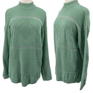 Vintage 90s Fair Isle Knit Sweater Pullover Turtleneck Mint Green Womens Medium